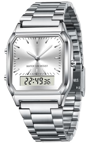 腕時計 レディース デジタルウォッチ ドレスウォッチ 3タイムゾーン 時計 アナデジ スクエアフェイス ストップウォッチ アラーム 視認性 LED夜光付き 5ATM防水 カジュアル ステンレスバンド おしゃれ 学生 高校生 中学生 通勤 通学